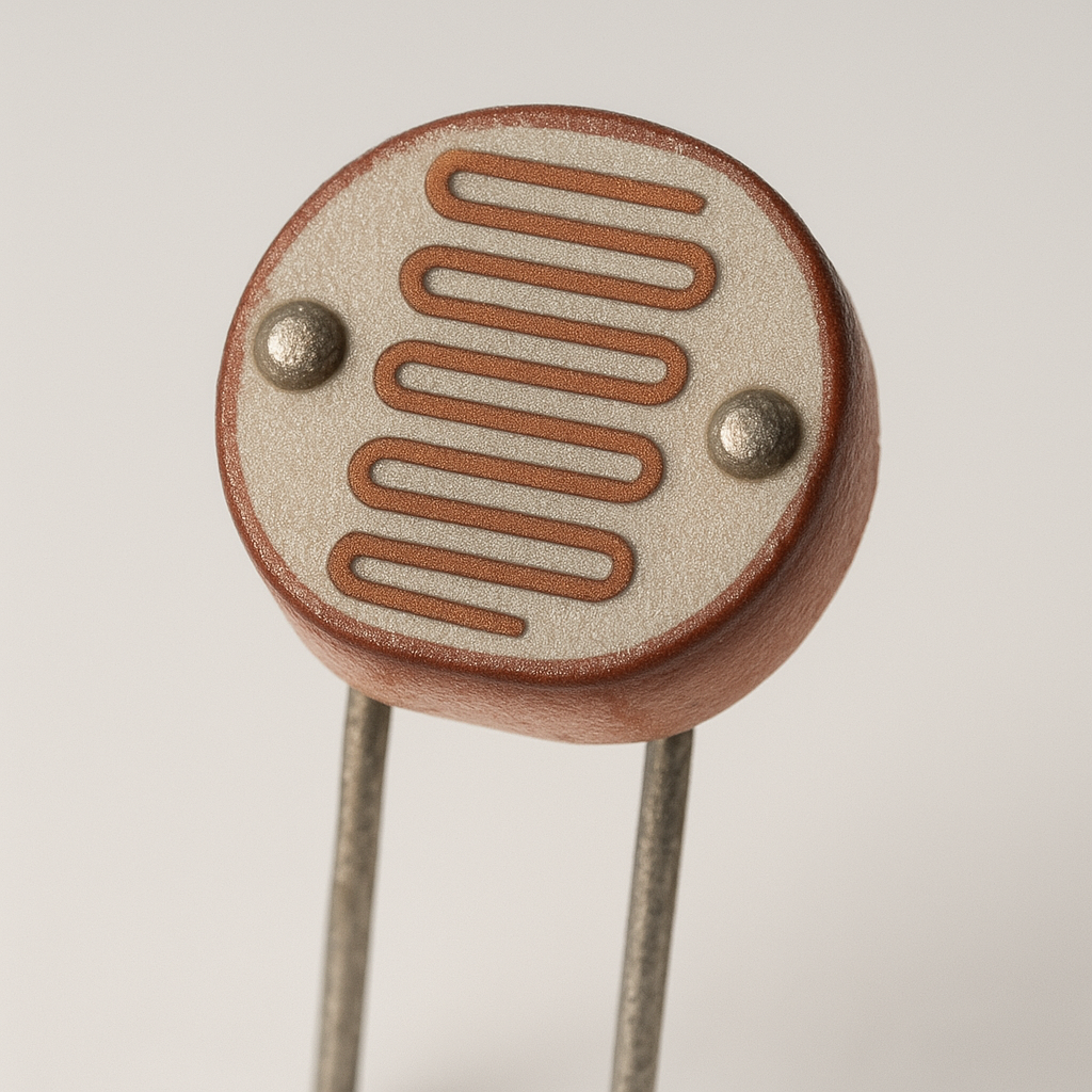 Een LDR (fotoweerstand): het zigzagpatroon is het lichtgevoelige cadmiumsulfide-oppervlak