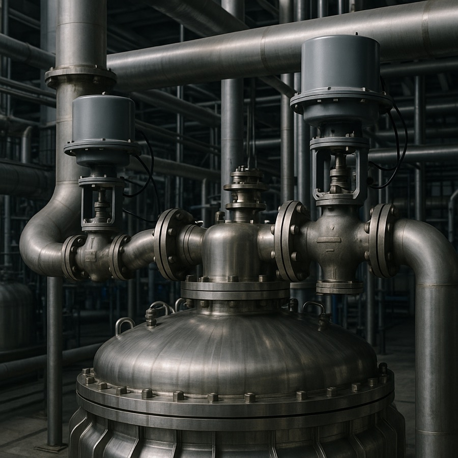 Twee kleppen met pneumatische actuatoren op een reactorvat: één regelaar stuurt beide aan, elk over een ander deel van het bereik