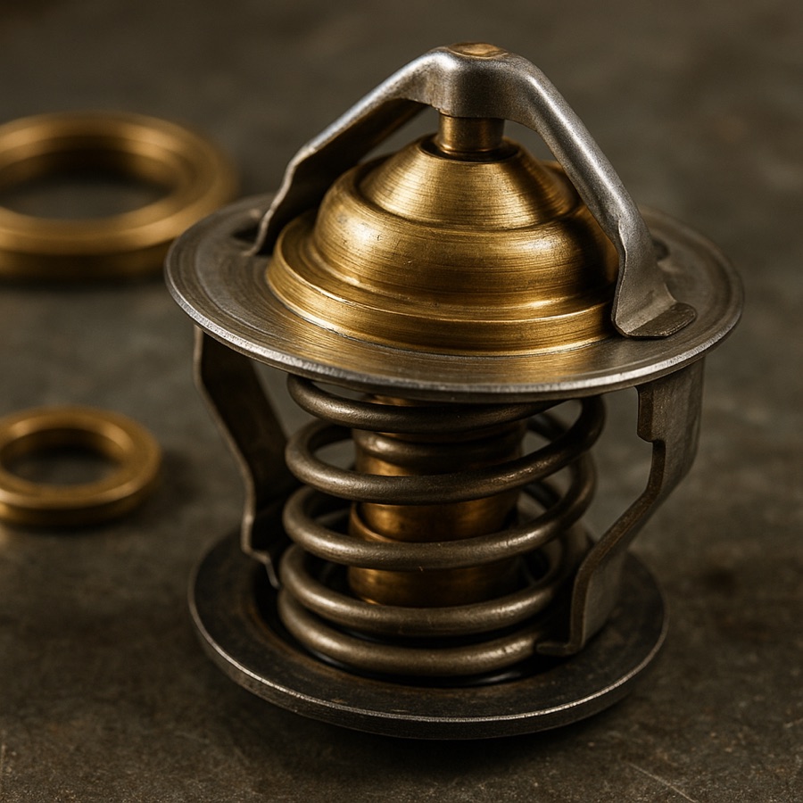 Een mechanisch thermostaatventiel: de wasvulling (goud) zet uit bij warmte en drukt de veer samen, waardoor het ventiel opent